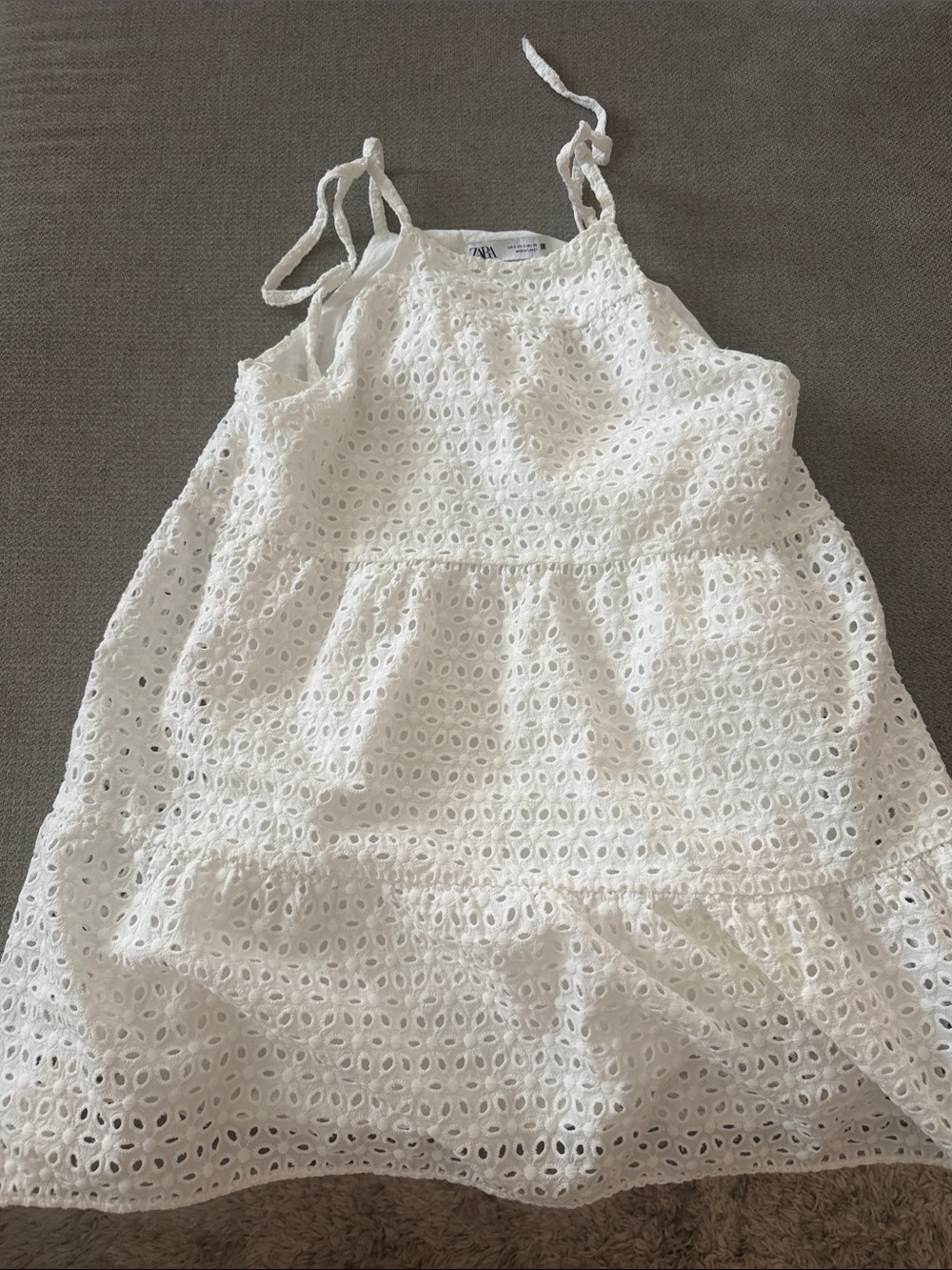 Zara White Eyelet Tie-Strap Tiered Dress